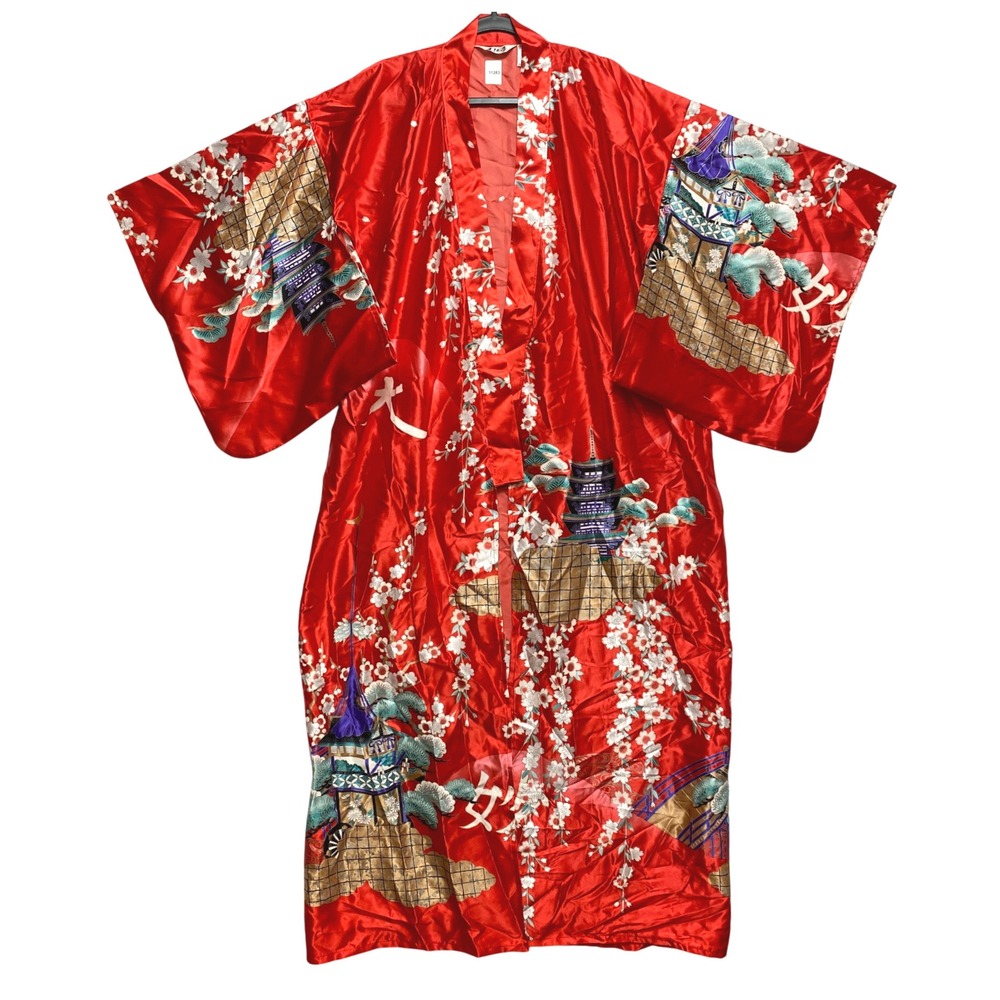 Juguemm Kimono Robe Women 56 Red Pagoda Cherry Blossom Satin Made in Japan